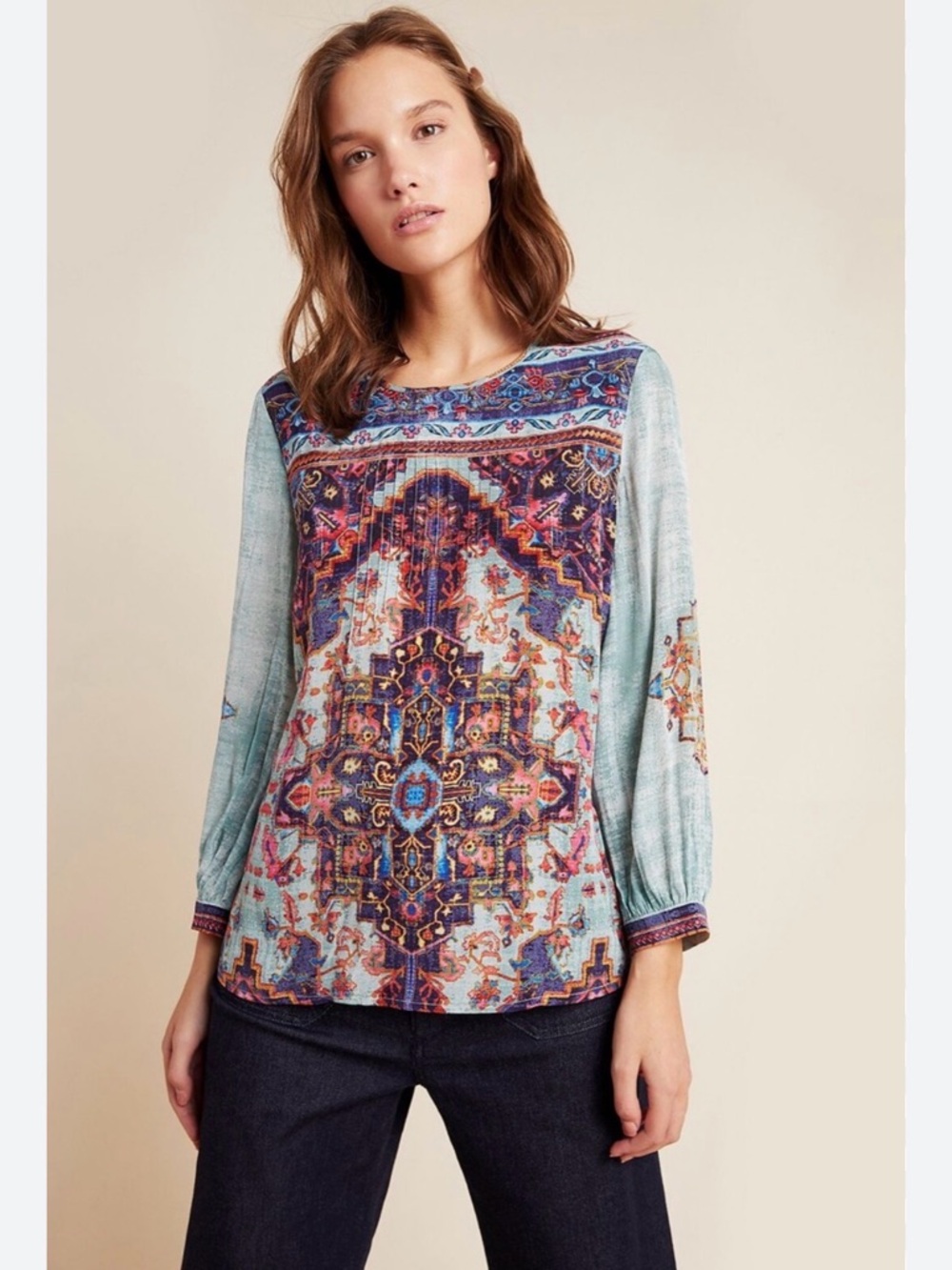Anthropologie Vineet Bahl Blue Mosaic-Print Long-Sleeve Blouse